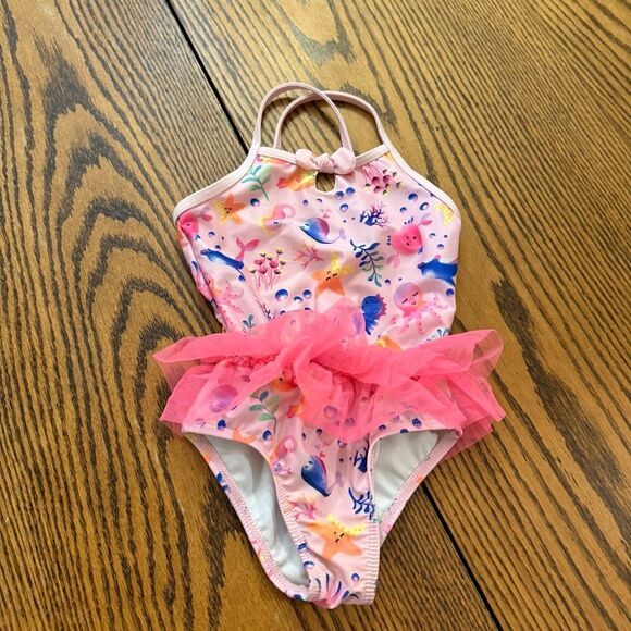 Girl’s 3T Swim Bundle Rashguard Top Swim Skirt Pink, Tucan, Strawberries - Picture 11 of 14